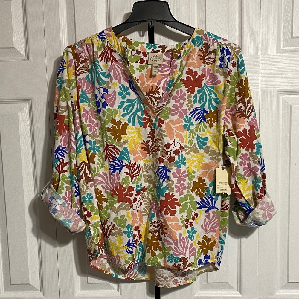 St Johns Bay tropical cotton linen floral leaf print blouse top shirt size XXL